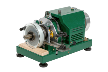 A compact, green mechanical device with a translucent disk, wooden base, and metal components