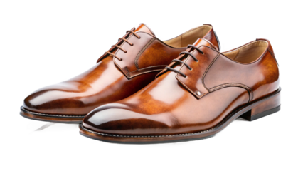 A pair of shiny brown leather dress shoes with dark laces against a black background in a studio setting created with generated ai