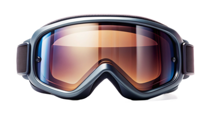 Close up shot of ski goggles with a gray frame and orange and blue tinted lenses on a black background created with generated ai