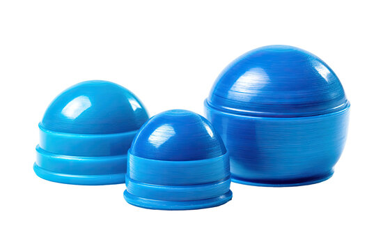 Three spherical, azure blue objects of varying sizes arranged on a transparent background