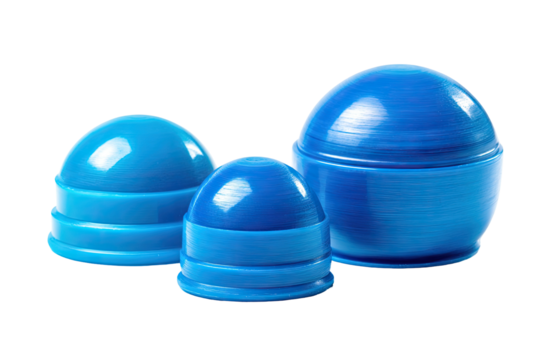 Three spherical, azure blue objects of varying sizes arranged on a transparent background