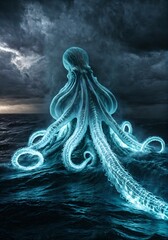 Ethereal Fantasy Kraken Made Glowing Threads Mist Sprawling Across