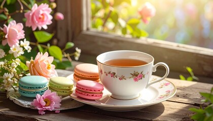 Floral teacup with colorful macarons on saucer near blooming roses in sunlit window setting.