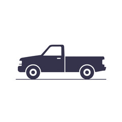 Simple black pickup truck silhouette on a white background, ready for transport.