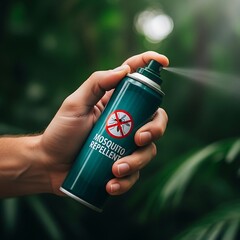 Hand spraying mosquito repellent in a lush green outdoor setting.