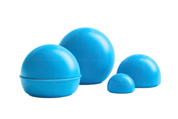 Four glossy, vibrant blue spheres of varying sizes against a stark black background