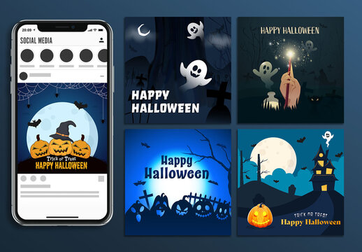Halloween Social Media Post Template Set &ndash; Spooky Party & Trick or Treat Bundle (AI Format)