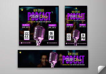 Podcast Talk Show Social Media Post Template, Web Banner Editable Design for Influencer Marketing and New Episode or Guest Speaker Promotion.