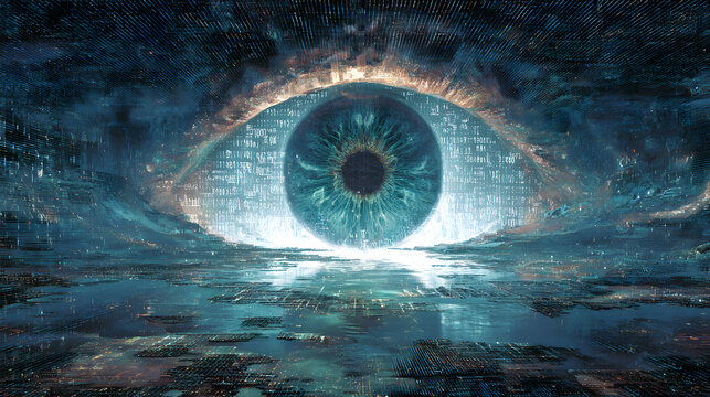 3D abstract rendering of a digital eye made of glowing circuits and fiber optic cables, surrounded by floating holographic particles, vibrant neon colors, high contrast.