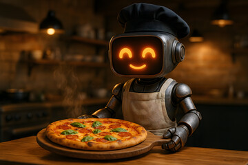 Robot chef presenting freshly baked pizza in restaurant kitchen