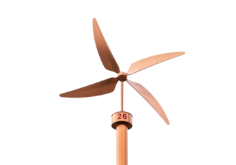 Copper wind vane with number 26, isolated on transparent background, weather instrument for garden decoration and architectural detail