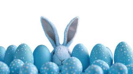 Soft bunny ears peek out amidst a nest of delicate blue speckled Easter eggs on a teal background