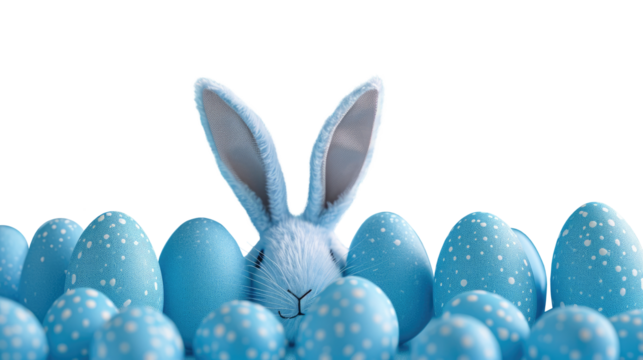Soft bunny ears peek out amidst a nest of delicate blue speckled Easter eggs on a teal background