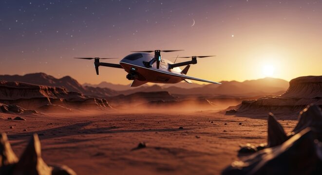 Future Flight An eVTOL Aircraft Soars Above Arid Terrain at Sunset, Evoking Innovation and Travel