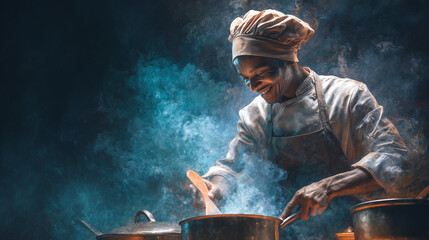 Joyful chef stirs pot with passion, bringing culinary magic to life with every delicious creation for restaurants, cooking shows, and foodie blogs
