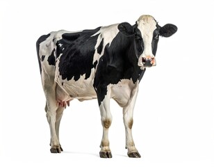 Standing Black and White Holstein Cow with Pink Nose on Clean Background