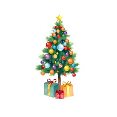 Christmas tree flat illustration with gift boxes and ornaments isolated on white background.