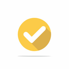 Yellow circle with white checkmark symbol and long shadow, approval icon, flat design