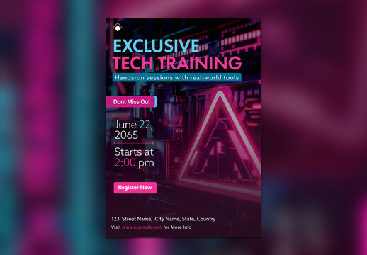 Exclusive Tech Training Digital Flyer with Neon Background, Editable Design.