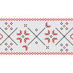 National traditional embroidery texture yellow, black and red colours. Detailed seamless ornamental pattern. Textile print abstract background. Vector illustration