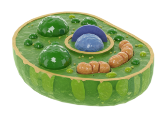 Plant cell model isolated on transparent background, detailed 3D rendering of cellular biology for educational use and scientific visualization