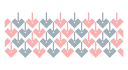 National traditional embroidery texture with hearts. Detailed ornamental pattern. Textile print abstract background. Vector illustration