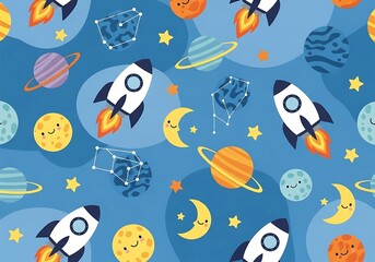 Cheerful Seamless Space Pattern with Cartoon Rockets Planets Moons and Stars on Light Blue