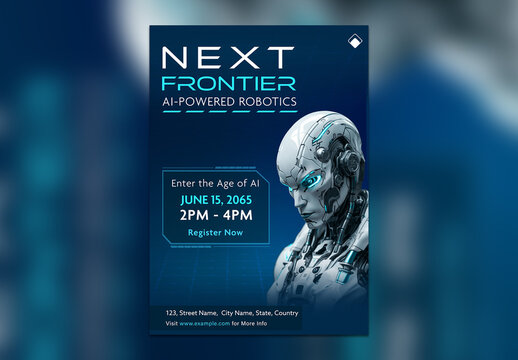 Next Frontier AI Powered Robotics Digital Flyer with Humanoid Robot and Futuristic Tech Theme, Editable Design.