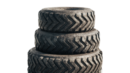 Stack of three used tires, showcasing tread pattern and worn appearance against a solid black background