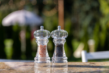 Stylish and Elegant Salt and Pepper Shakers on a Table with a Lush Green Garden Background Perfect for Enhancing Dining Experiences Outdoors in Beautiful Weather