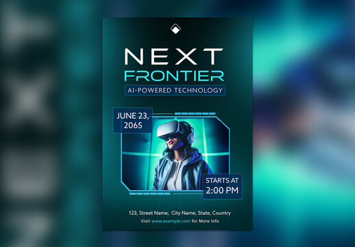 Next Frontier AI Powered Robotics Digital Flyer with Woman Wearing VR Headset and Futuristic Theme, Editable Design.