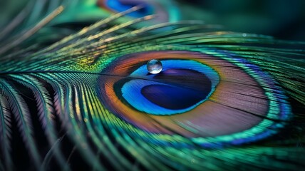 Fototapeta premium Vibrant peacock feather with a captivating water droplet, showcasing stunning iridescent colors for natural beauty and artistic design