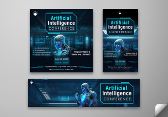 Editable Artificial Intelligence Conference Template – Blue Cybernetic Robot Theme with Futuristic Command Center