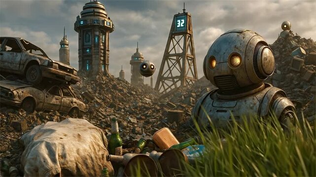 Sad Robot in a Post-Apocalyptic Junkyard with a Futuristic City