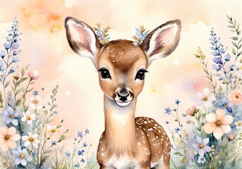 Pastel Watercolor Baby Deer Gentle Flowers Soft Glowing Background