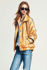 realistic hand-drawn sketch of a graceful, elegant woman in street wear