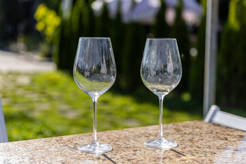 Two Elegant Wine Glasses Resting on a Vibrant Granite Table with a Lush Green Background in a Warm Sunny Garden Setting Perfect for Outdoor Dining and Enjoyment of Fine Beverages