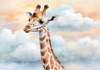 Watercolor Baby Giraffe Soft Pastel Palette Gentle Clouds