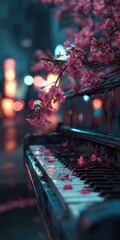 A piano sits outside under cherry blossoms; petals rest on the keys. City lights blur in the background