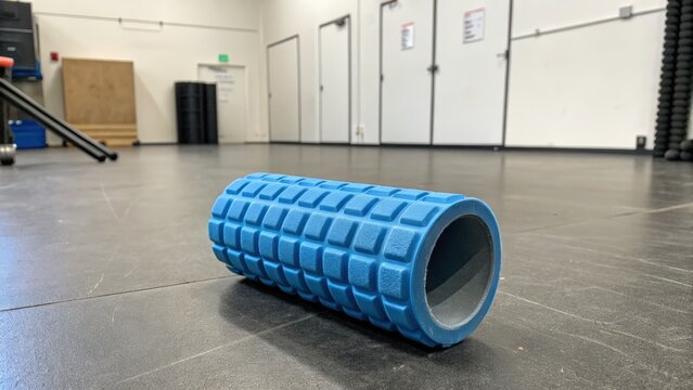 Blue foam roller on gym floor for fitness and recovery exercises - Powered by Adobe