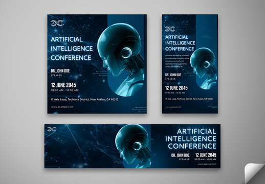 Editable AI Conference Social Media Pack &ndash; Futuristic Templates for Artificial Intelligence Summits and Tech Events