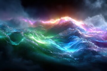 Fototapeta premium Vibrant waves illuminate the night sky with colors during cosmic ocean phenomenon