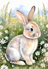 Watercolor Baby Rabbit Soft Pastel Meadow Delicate Flowers