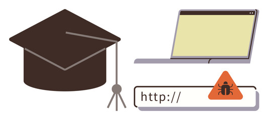 Graduation cap, laptop, and warning sign on URL address bar highlight e-learning risks, cybersecurity, and online education. Ideal for digital learning, IT literacy, cybercrime awareness, safe