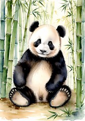 Cute Baby Panda Painted Soft Watercolor Pastel Bamboo Grove
