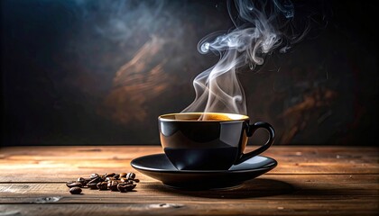 Steaming Black Coffee in Cup with Smoke on Wooden Table Dark Background Beverage Hot Drink Still Life Warm Light Food Photo