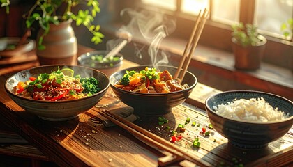 Steaming Asian Cuisine Display Featuring Noodles Chicken and Rice in Window Lit Scene