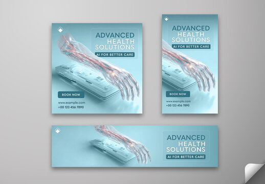 Futuristic Medical Social Media Post Template and Web Banner for Advanced Health Solutions Powered by AI Technology with Transparent 3D Arm and Diagnostic Device. Editable Design.