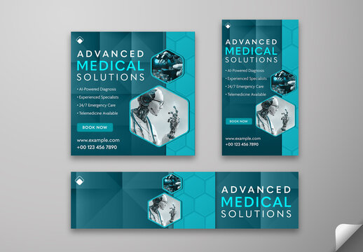 Advanced Medical Solutions Social Media Post Template and Web Banner for AI Powered Diagnosis, Experienced Specialists, 24/7 Emergency Care and Telemedicine Availability. Editable Design.
