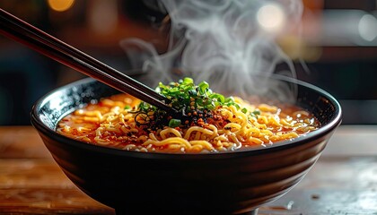 Steaming Bowl of Ramen Noodles with Chopsticks and Green Onions on a Dark Wood Table
